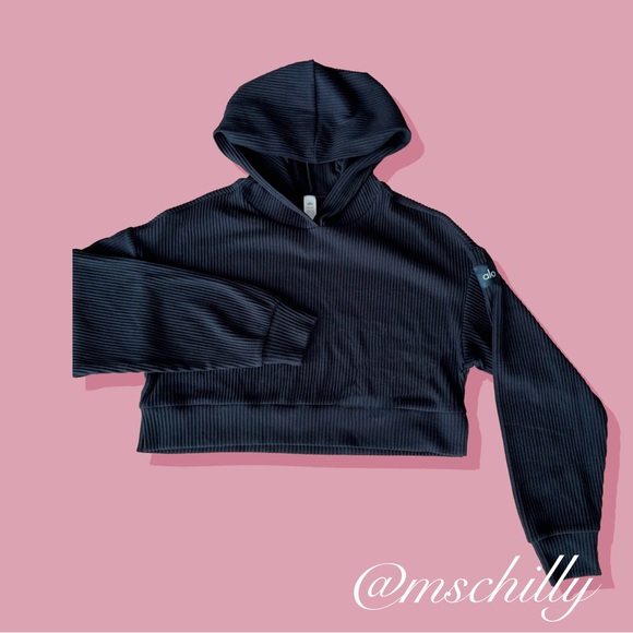 ALO Yoga Tops - ALO Yoga Muse Cropped Ribbed Hoodie Sweatshirt Black XS